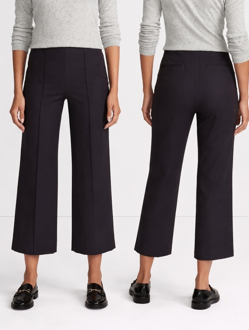 Lands End Stretch High Rise Pintuck Wide Leg Crop Pants Black 12